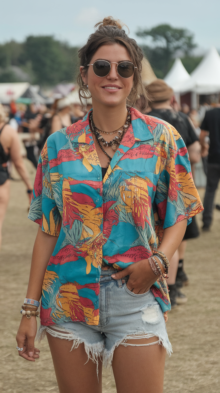 A young woman wearing a colorful shirt and denim shorts at a festival, accessorized with sunglasses and layered jewelry.