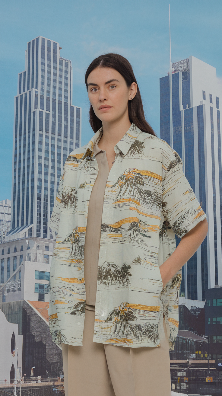 Model wearing a Hawaiian shirt in front of modern skyscrapers