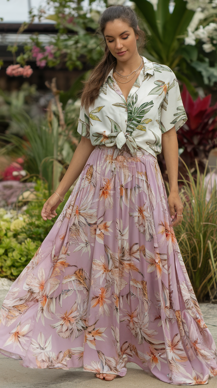 A woman wearing a Hawaiian shirt and a floral maxi skirt, standing in a garden setting.