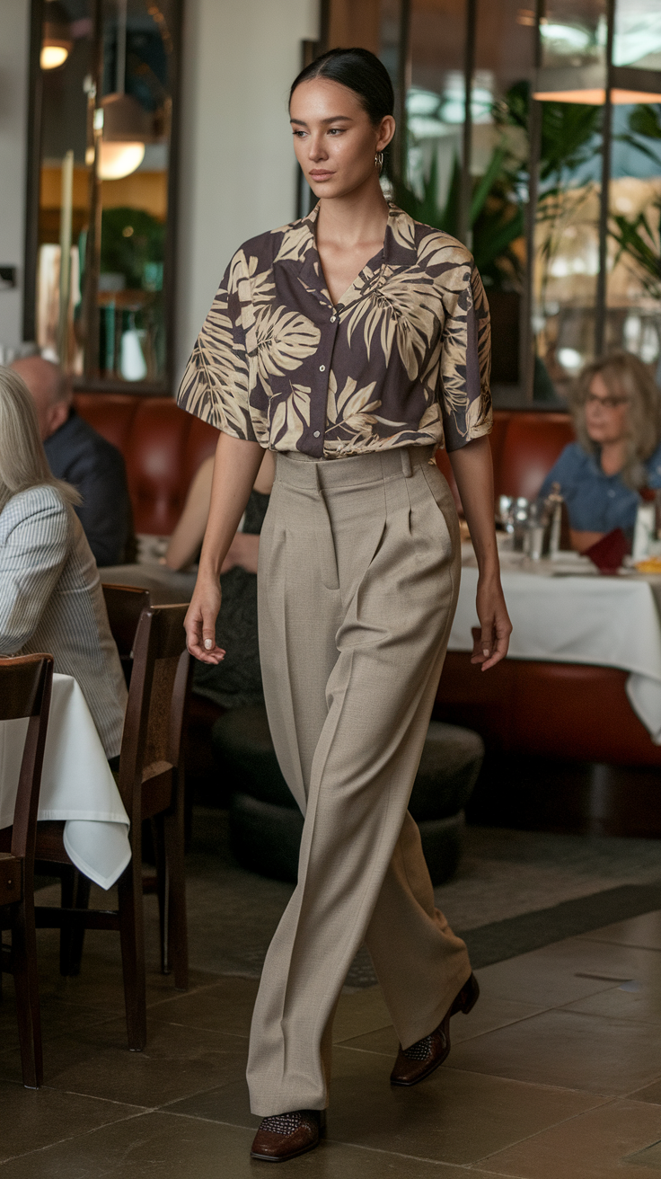 A model walking in a Hawaiian shirt and smart trousers.