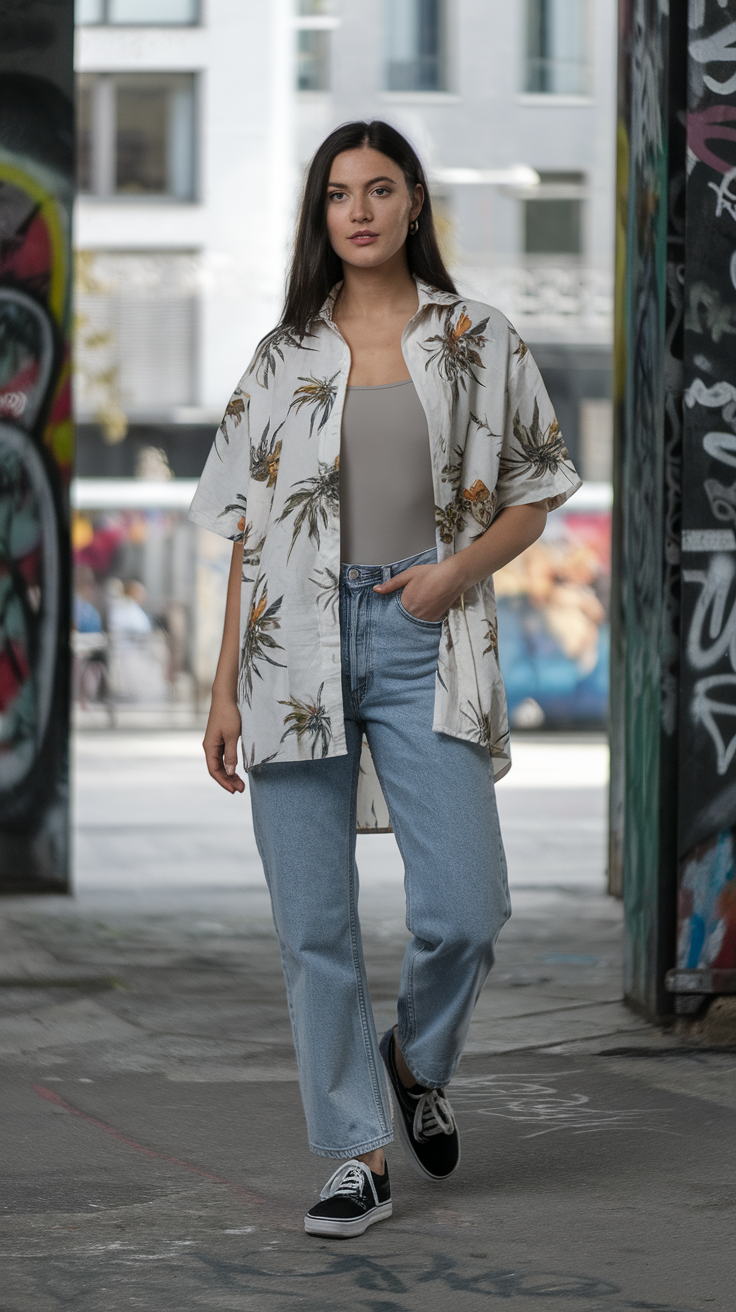 A model walking confidently in a layered outfit featuring a floral shirt over a tank top, paired with high-waisted jeans and black sneakers.