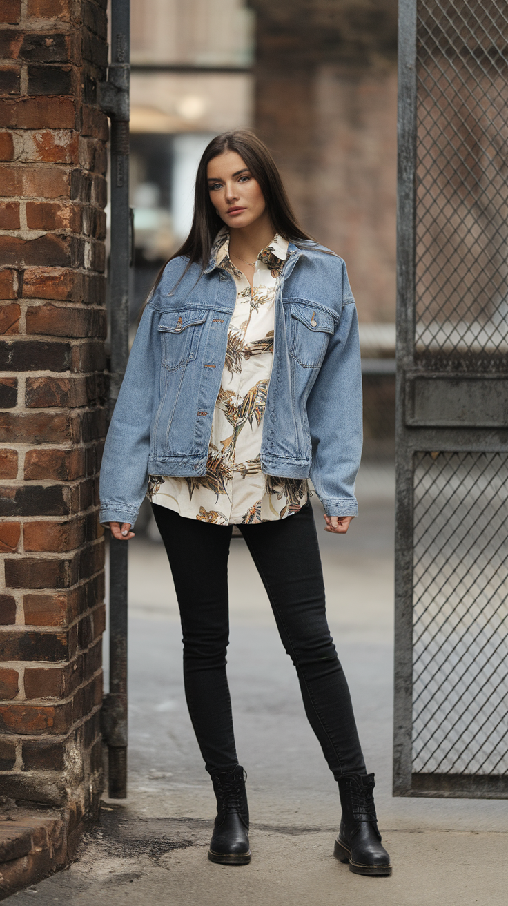 A model wearing a light blue denim jacket layered over a floral shirt, black skinny jeans, and black boots, standing against a brick wall.