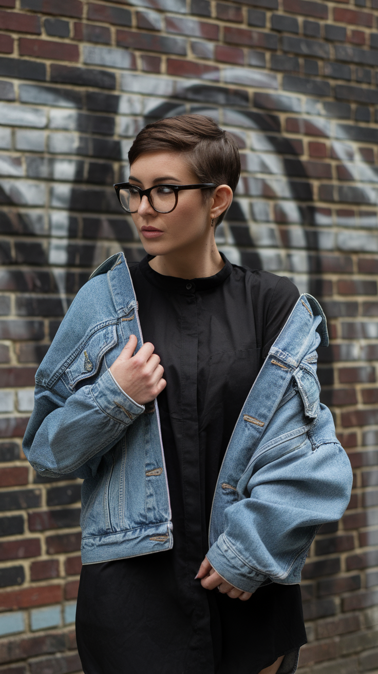 A person wearing a black leather jacket over a black and denim shirt with brown accents, styled in a modern urban setting.