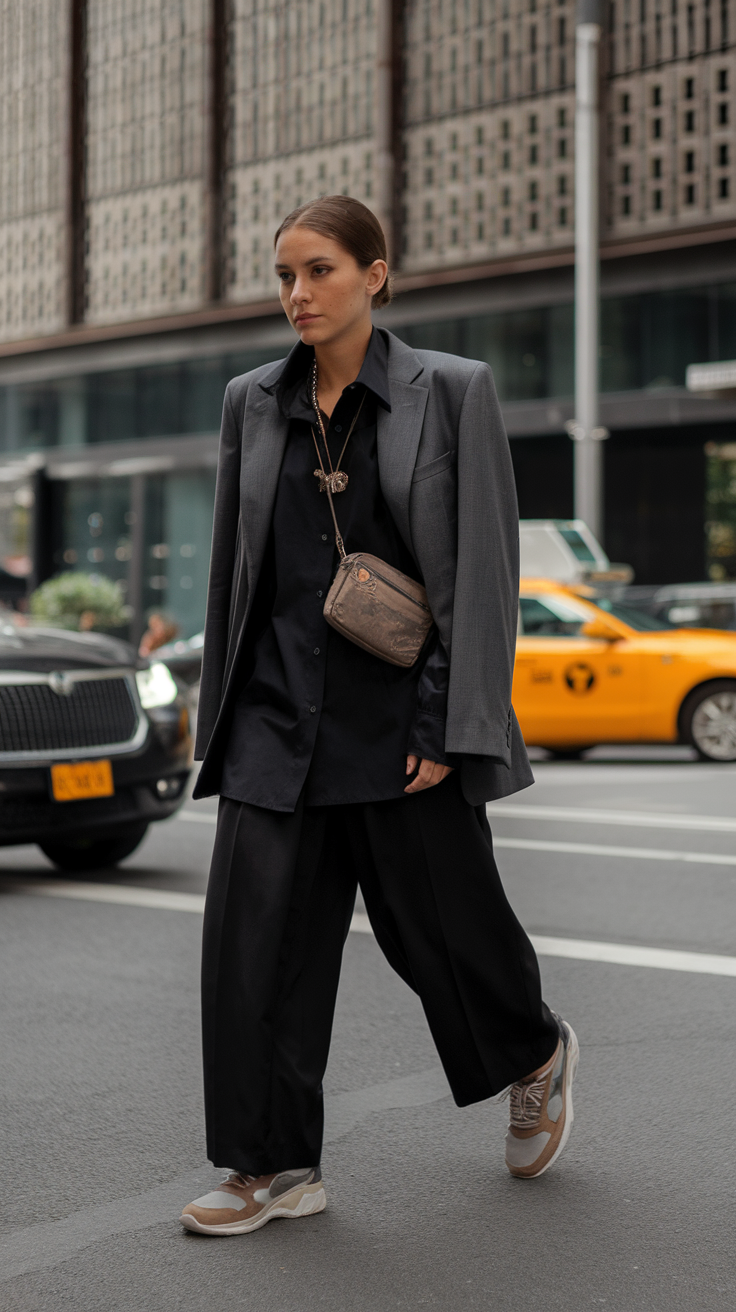 A woman wearing a blazer over a shirt and pants, paired with sneakers, standing on a city street.