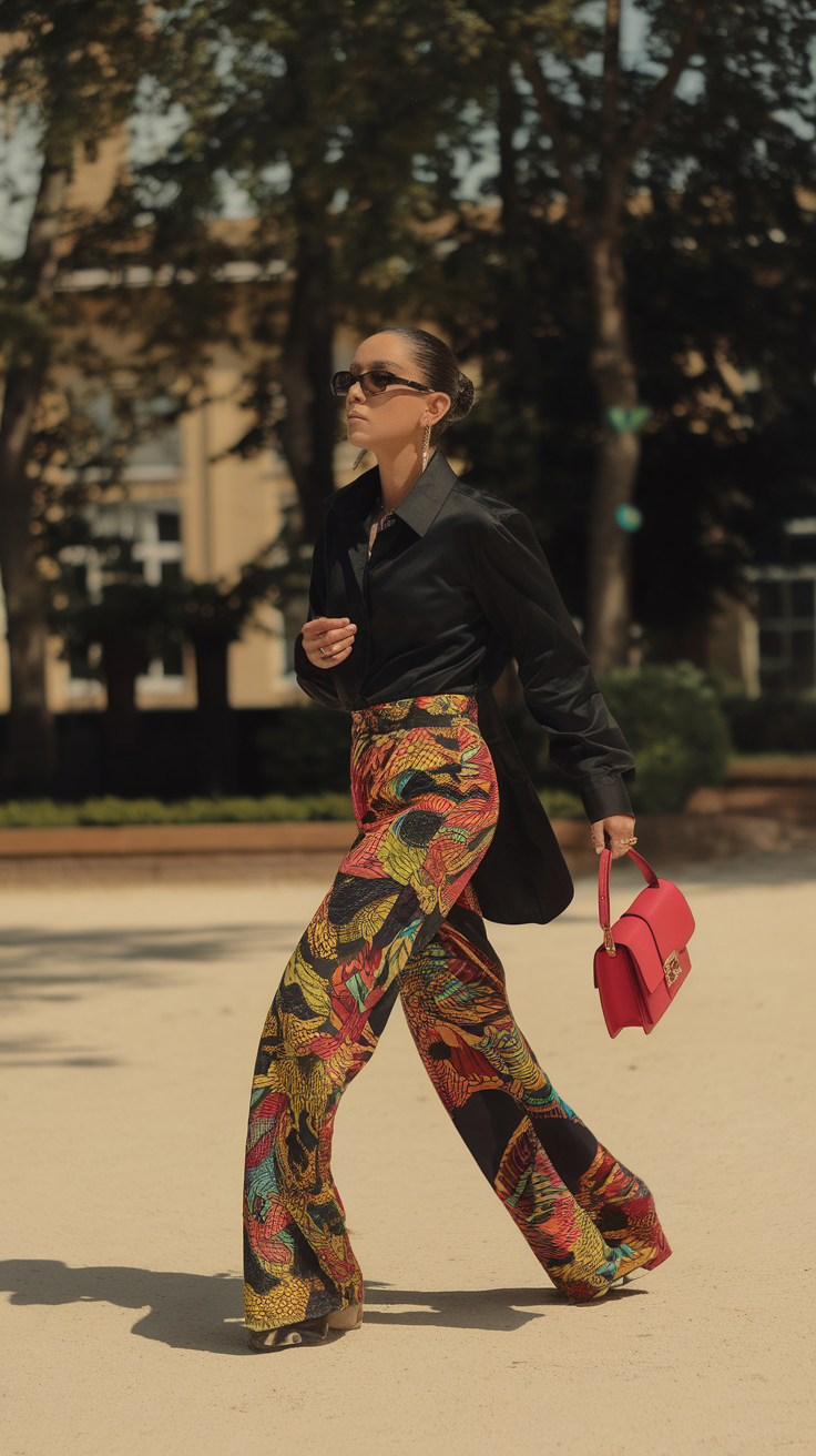 A stylish person wearing patterned pants and a solid black shirt, walking confidently with a red handbag.