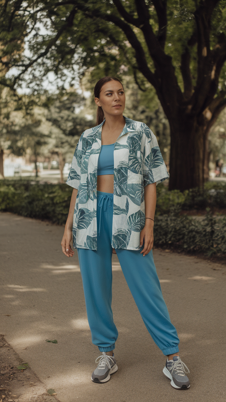 A person wearing a floral sporty summer outfit with a blue background, featuring a short-sleeved shirt and matching pants, paired with light sneakers.