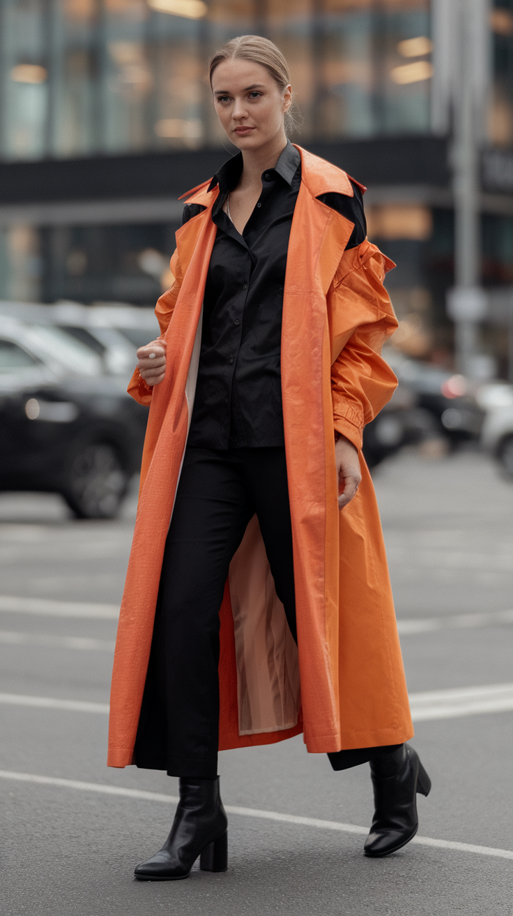 A person walking in an orange outerwear coat, styled with a black outfit and boots.