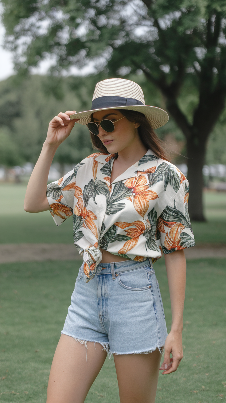 A woman in a floral shirt and high-waisted shorts, wearing sunglasses and a straw hat, posing outdoors.