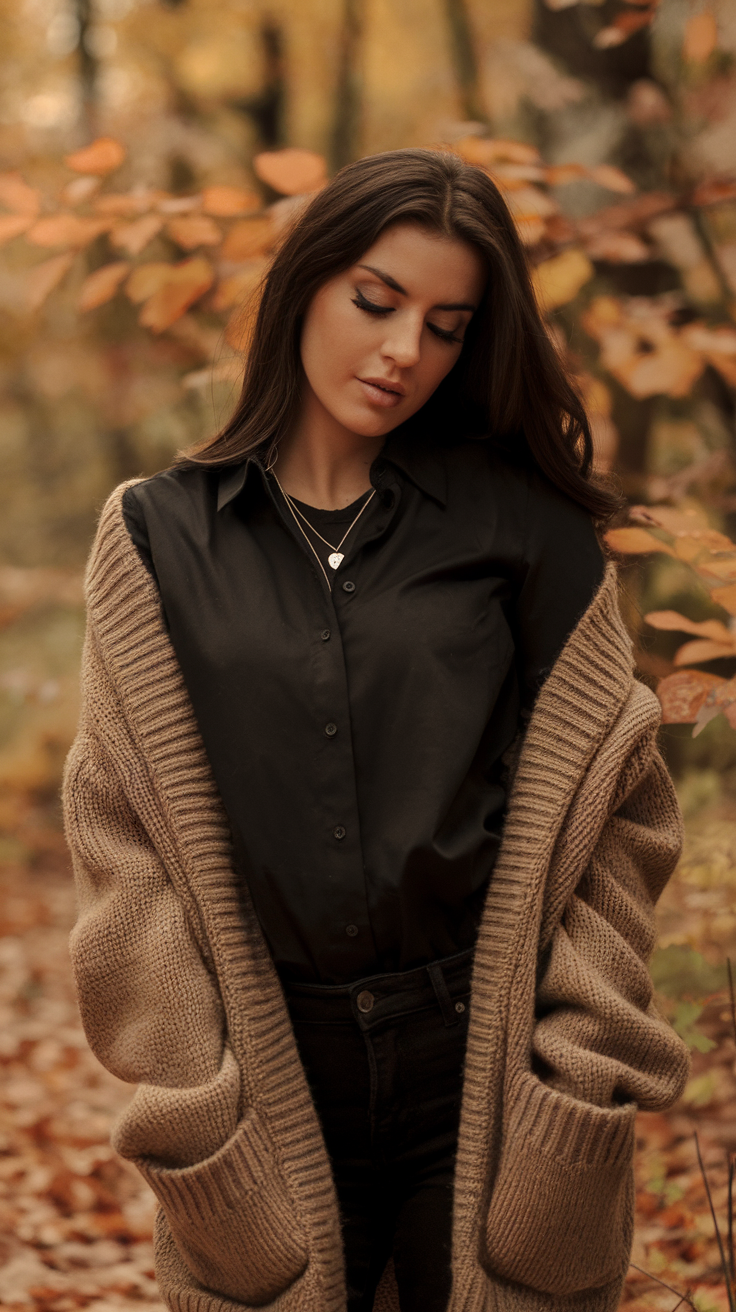 A young woman wearing a black shirt and a beige knitted cardigan, standing in a forest with autumn leaves.