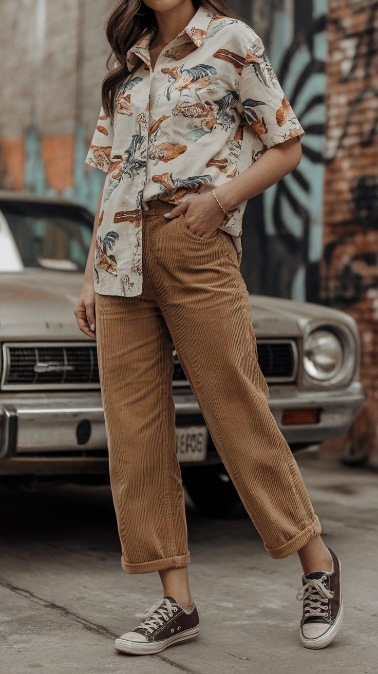 A person wearing a vintage-inspired outfit with an animal print shirt and corduroy pants, standing next to an old car.