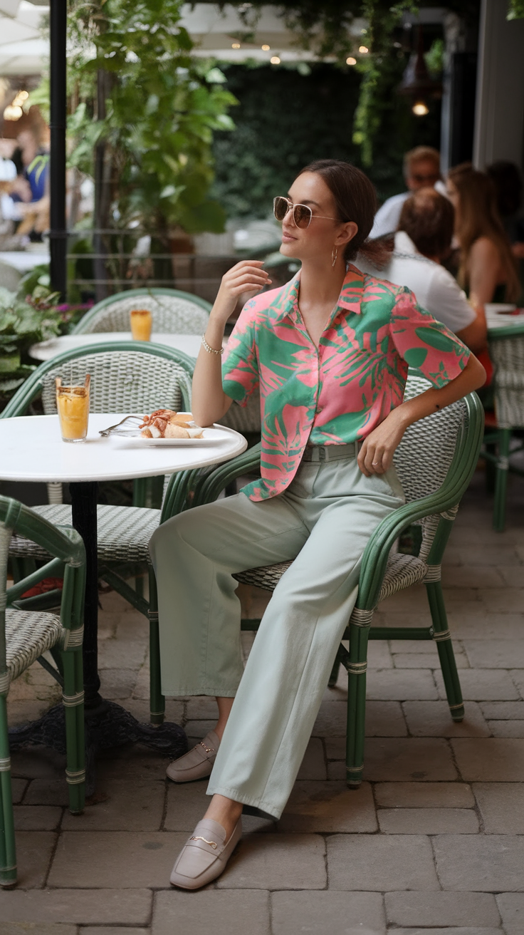 A woman in a colorful floral shirt and light green pants sitting at a cafe table with brunch items and a drink.