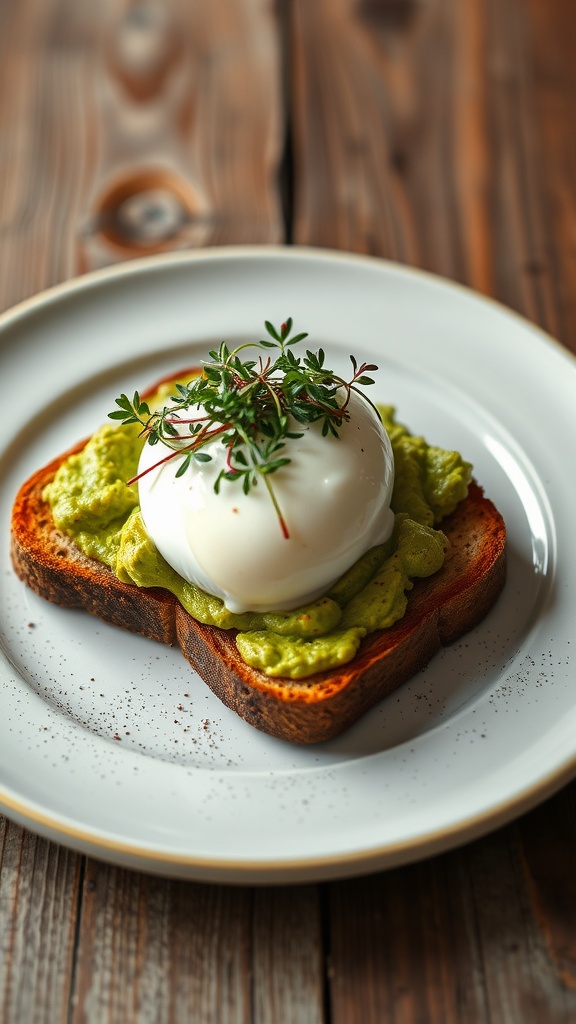 A plate of avocado toast topped with a poached egg and garnished with herbs.