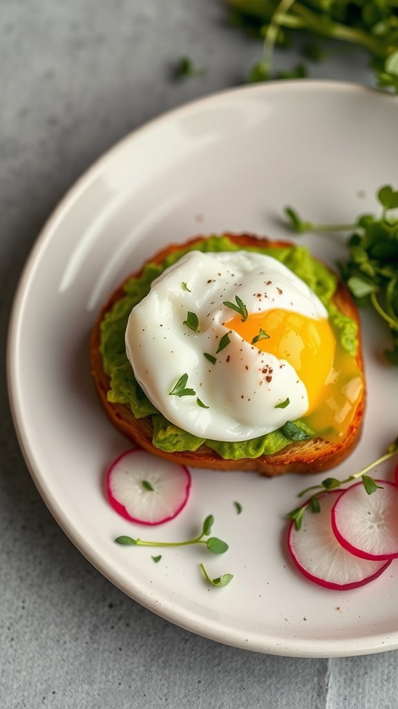 Avocado toast topped with a poached egg, garnished with radishes and herbs on a white plate. 