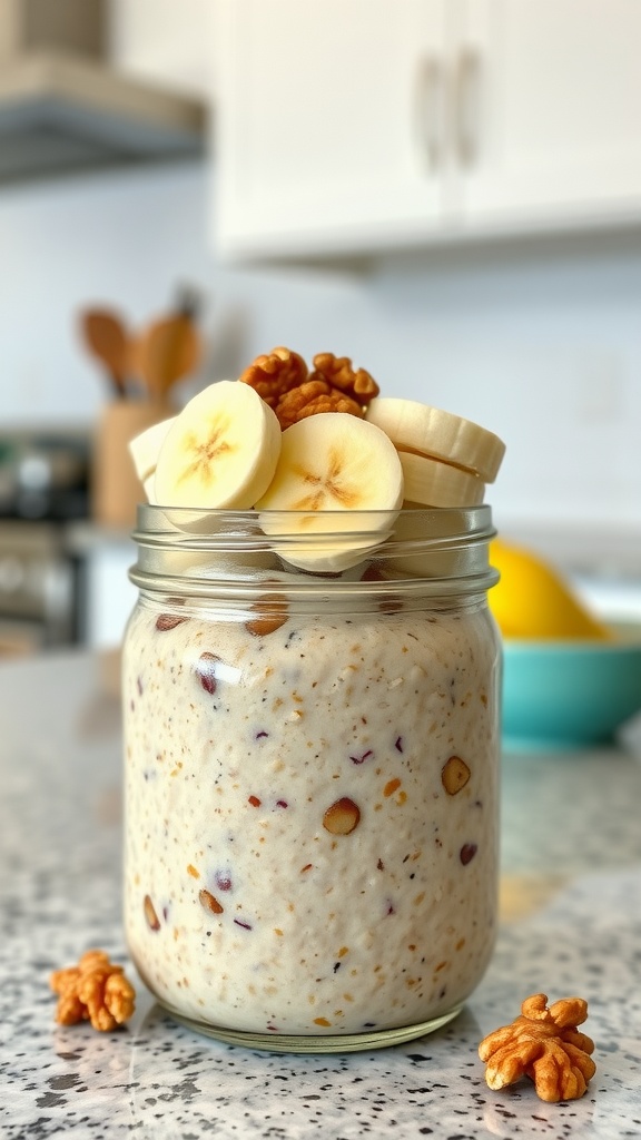 A jar of banana nut overnight oats topped with banana slices and walnuts.