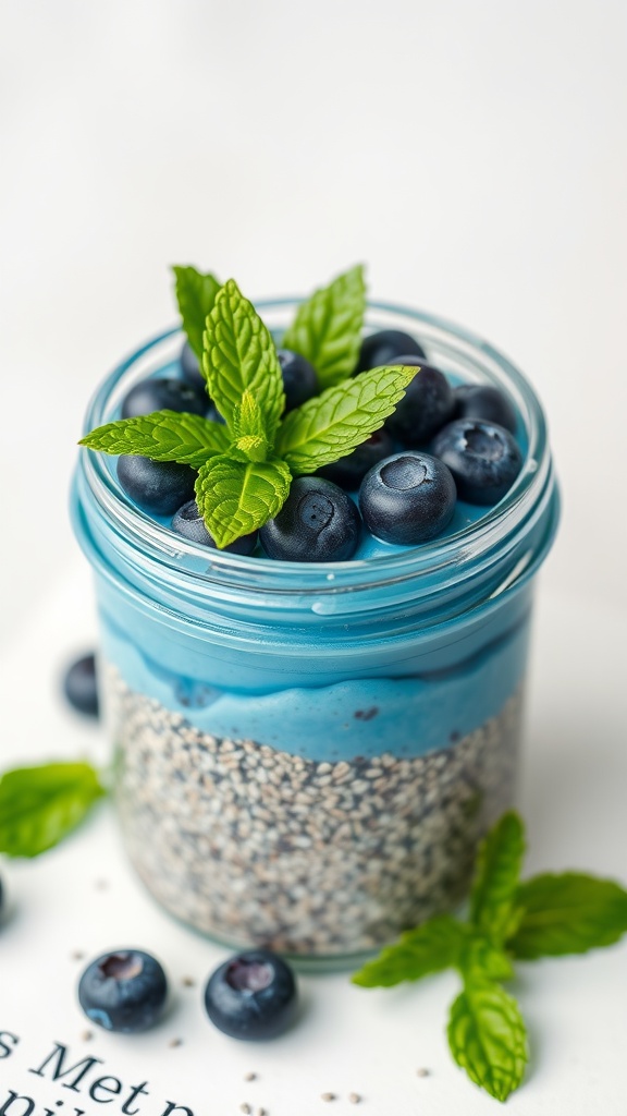 A jar of blueberry chia seed pudding topped with fresh blueberries and mint leaves.