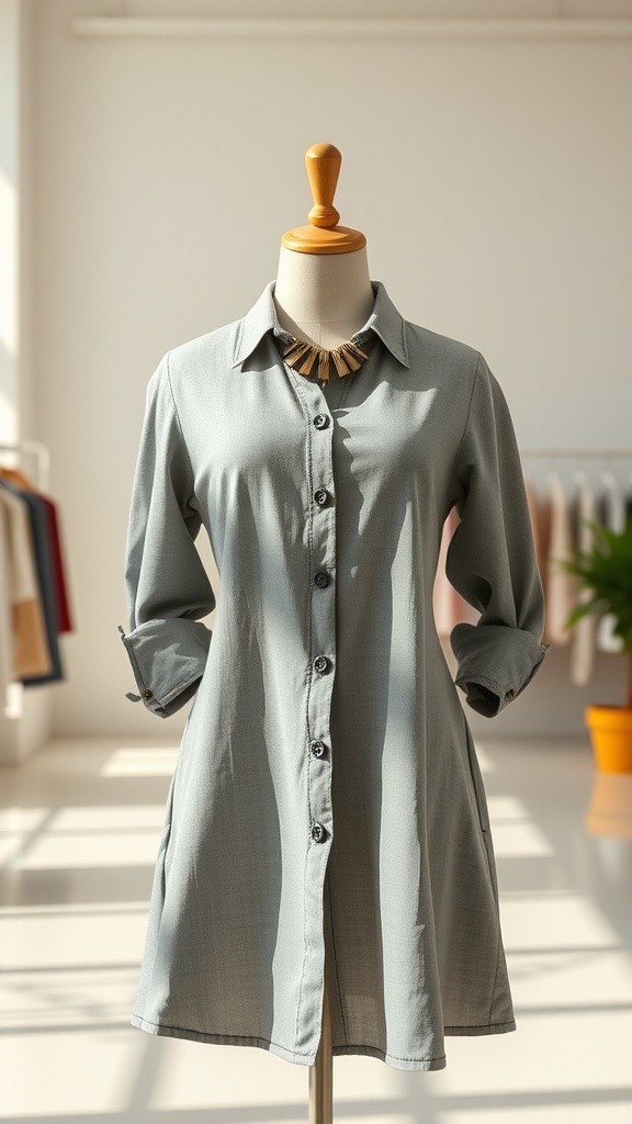 A button-up shirt dress displayed on a mannequin in a bright interior.