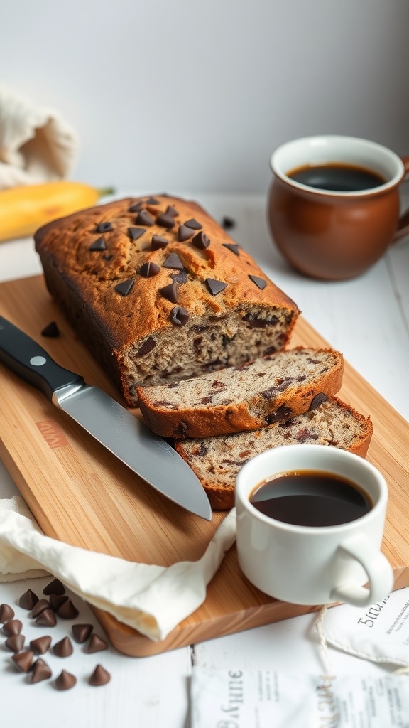 Loaf of chocolate chip banana bread sliced on a wooden cutting board with coffee; 