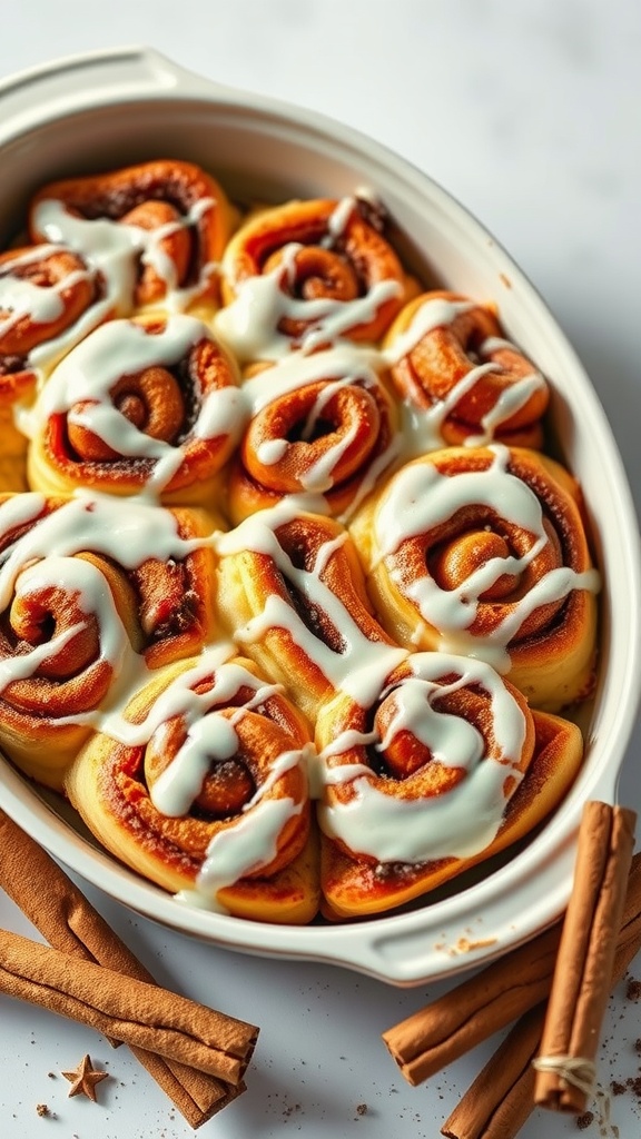 A delicious cinnamon roll casserole topped with icing, surrounded by cinnamon sticks.