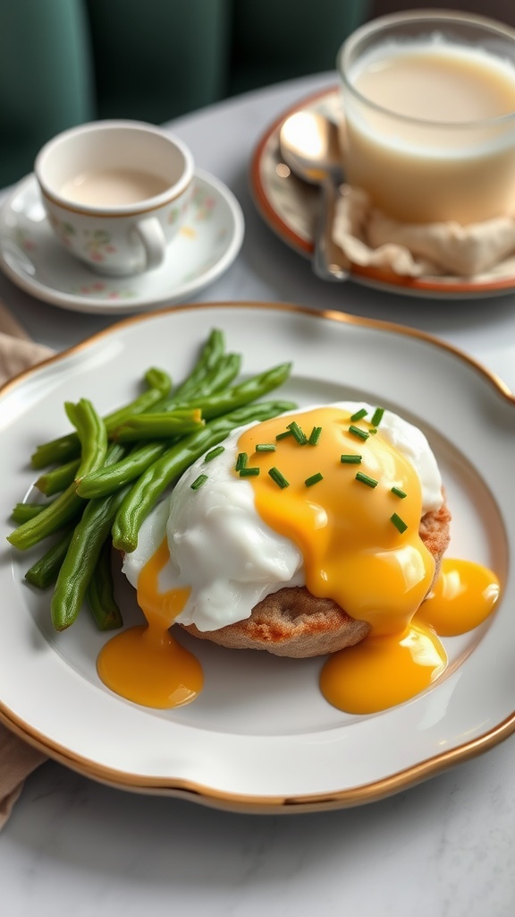 A plate of Eggs Benedict with poached eggs, hollandaise sauce, and green beans, perfect for brunch. Mother's Day brunch recipes