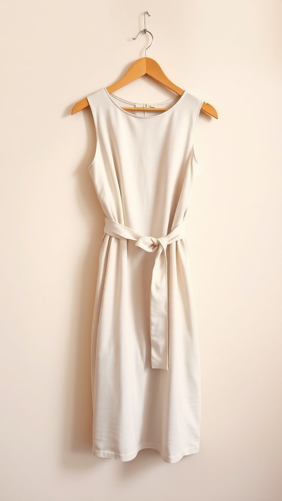 A classic shift dress with a belt, hanging on a wooden hanger against a light background.