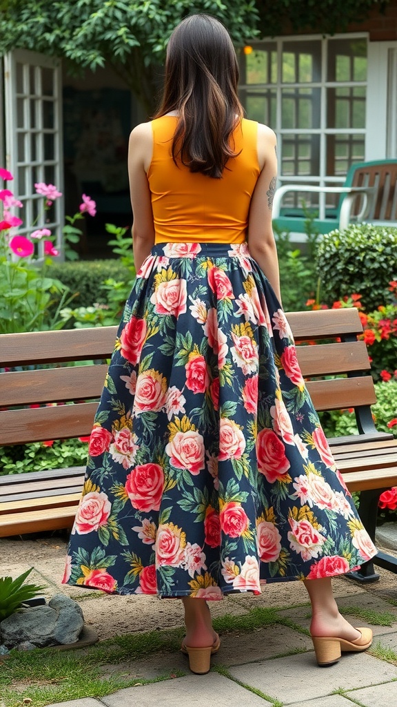 A woman wearing a floral A-line skirt and a solid top, standing in a garden. modest church outfit ideas