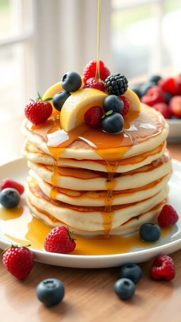 A stack of fluffy lemon ricotta pancakes topped with fresh berries and syrup