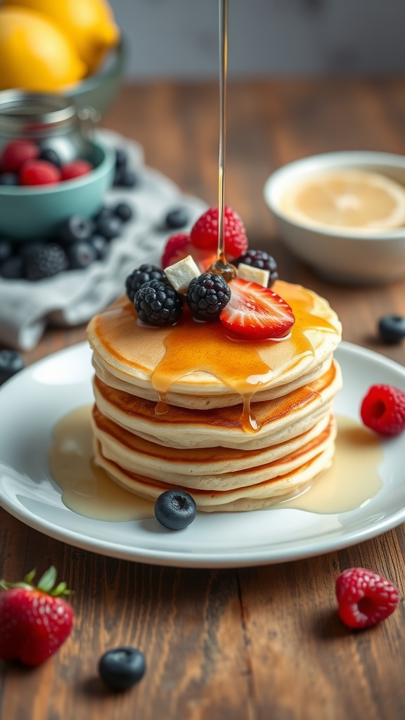 A stack of fluffy lemon ricotta pancakes topped with berries and syrup. 