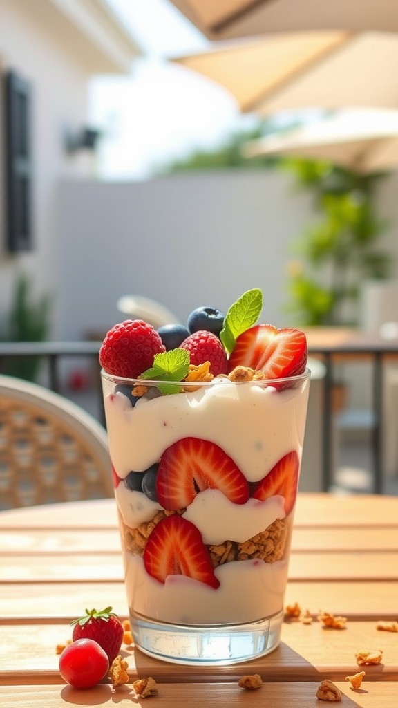 A delicious Fresh Fruit and Yogurt Parfait with layers of yogurt, granola, and fresh berries. Mother's Day brunch recipes