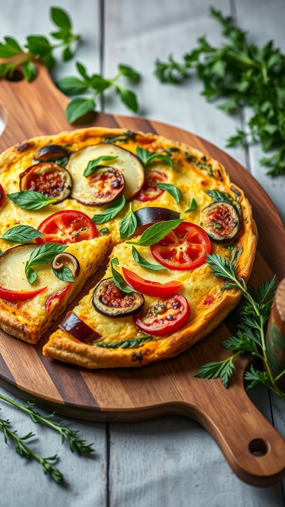 A delicious garden vegetable frittata with slices of tomatoes, eggplant, and fresh herbs on a wooden board.