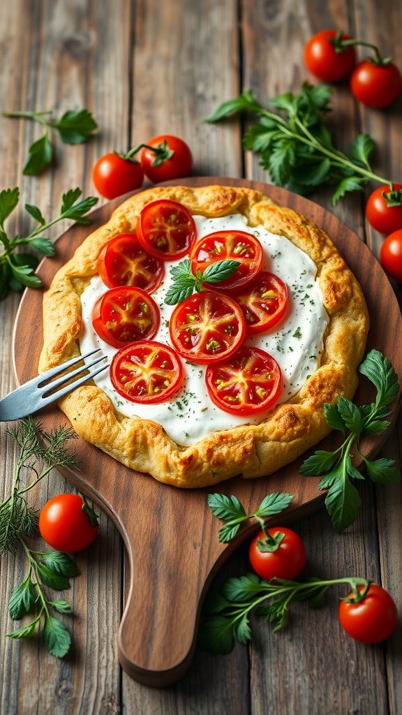 A delicious herbed goat cheese and tomato tart on a wooden board surrounded by fresh tomatoes and herbs. 