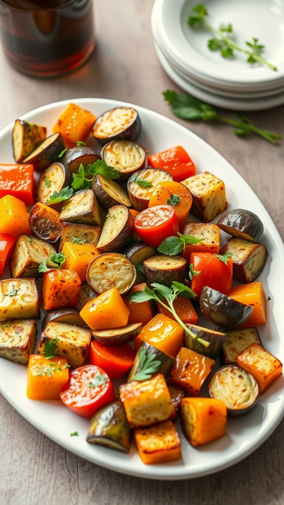 A plate of colorful roasted vegetables including bell peppers, cherry tomatoes, and zucchini, garnished with parsley. 