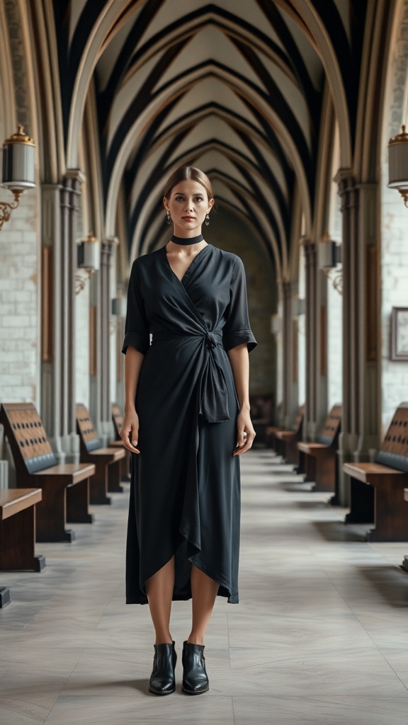 A woman in a knee-length black wrap dress with sleeves, standing in a church-like interior. modest church outfit ideas