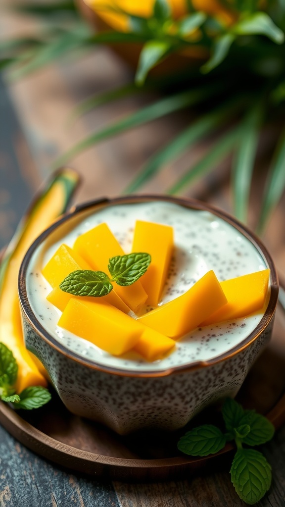 A bowl of mango coconut chia pudding topped with fresh mango slices and mint leaves.