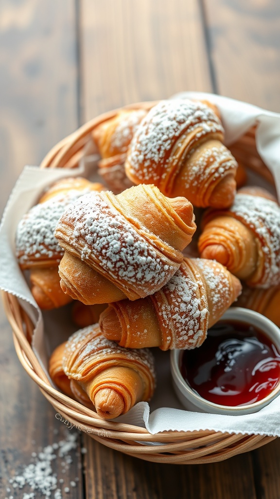 A basket of mini almond croissants dusted with powdered sugar; Mother's Day brunch recipes