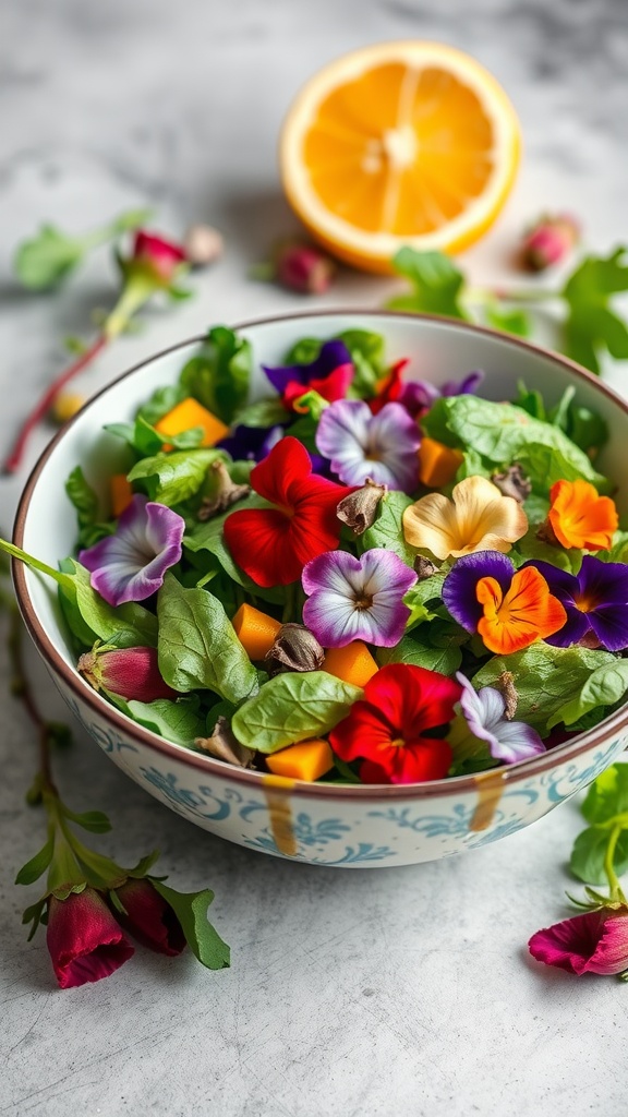 A vibrant mixed green salad topped with edible flowers and served with citrus vinaigrette. Mother's Day brunch recipes