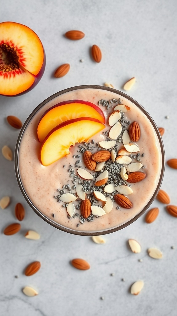 A peach and almond smoothie bowl topped with peach slices, almonds, and chia seeds.