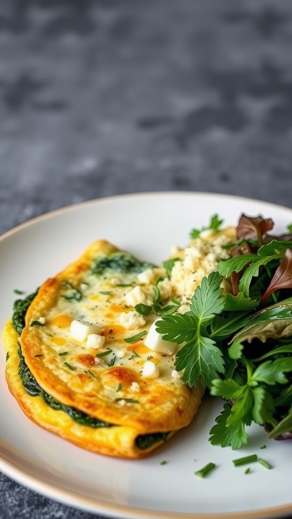 Savory spinach and feta omelette served with fresh greens.