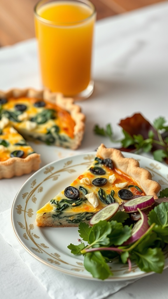 Delicious slice of spinach and feta quiche with salad and orange juice; Mother's Day brunch recipes 