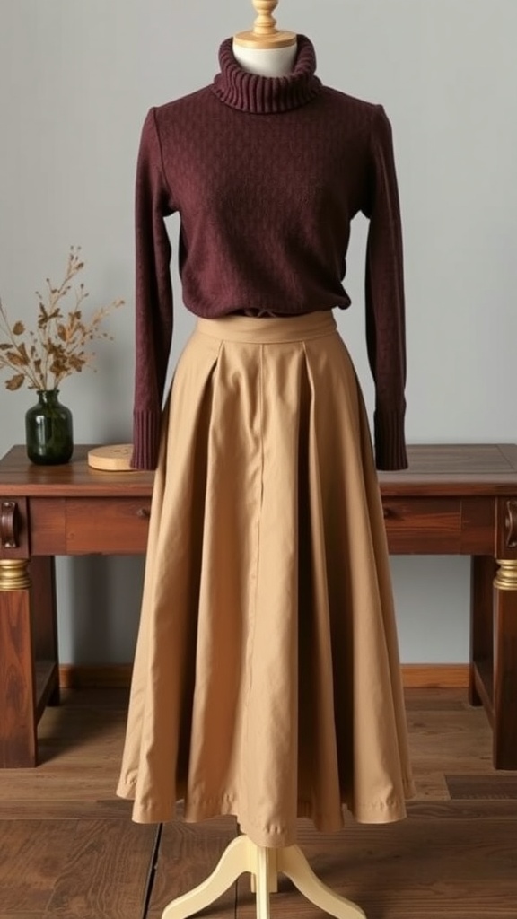 A mannequin displaying a burgundy turtleneck sweater paired with a beige midi skirt.
modest church outfit ideas