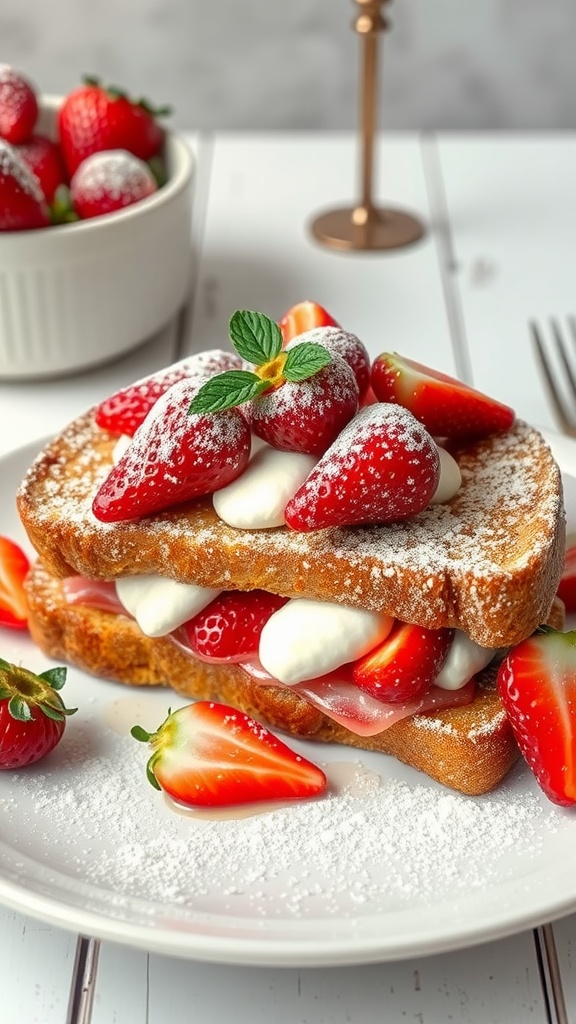 A plate of strawberry and cream cheese stuffed French toast garnished with fresh strawberries and powdered sugar; Mother's Day breakfast recipes. 