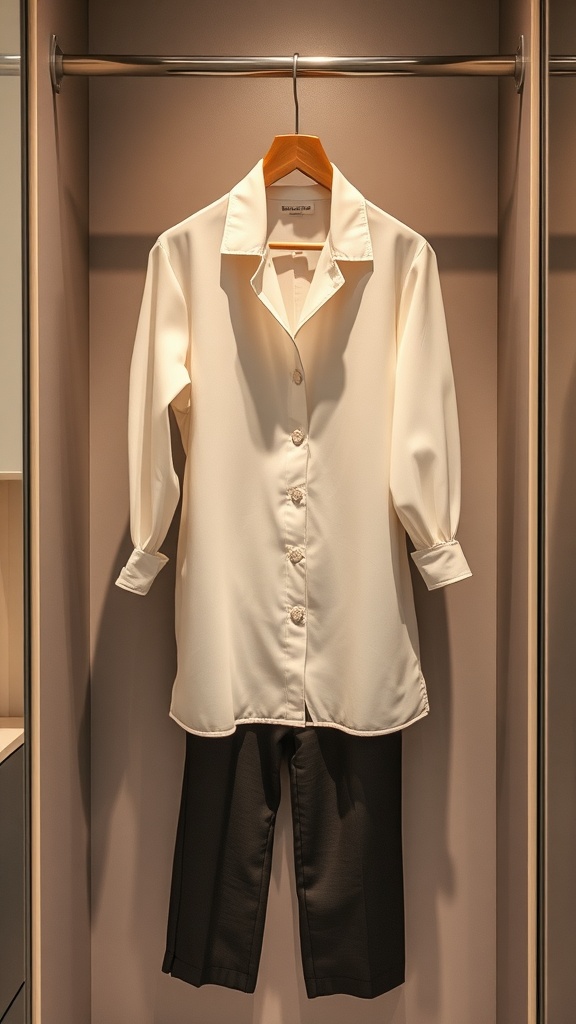 Tailored trouser and blouse combo hanging on a rack