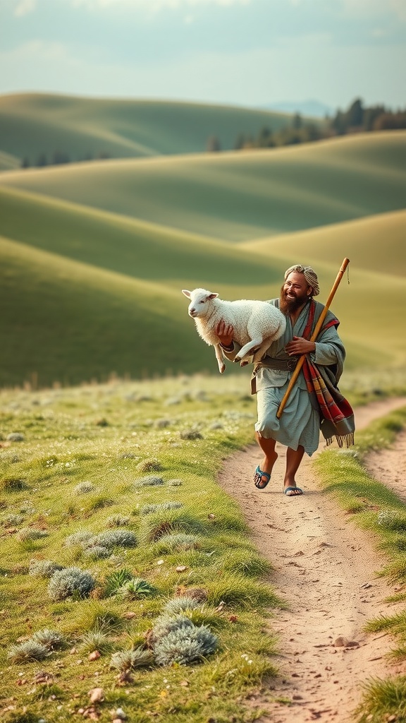 A shepherd carrying a sheep on his shoulders, surrounded by rolling hills.