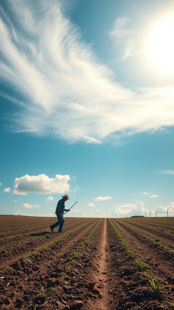 A farmer planting seeds in a field under a bright blue sky with clouds.