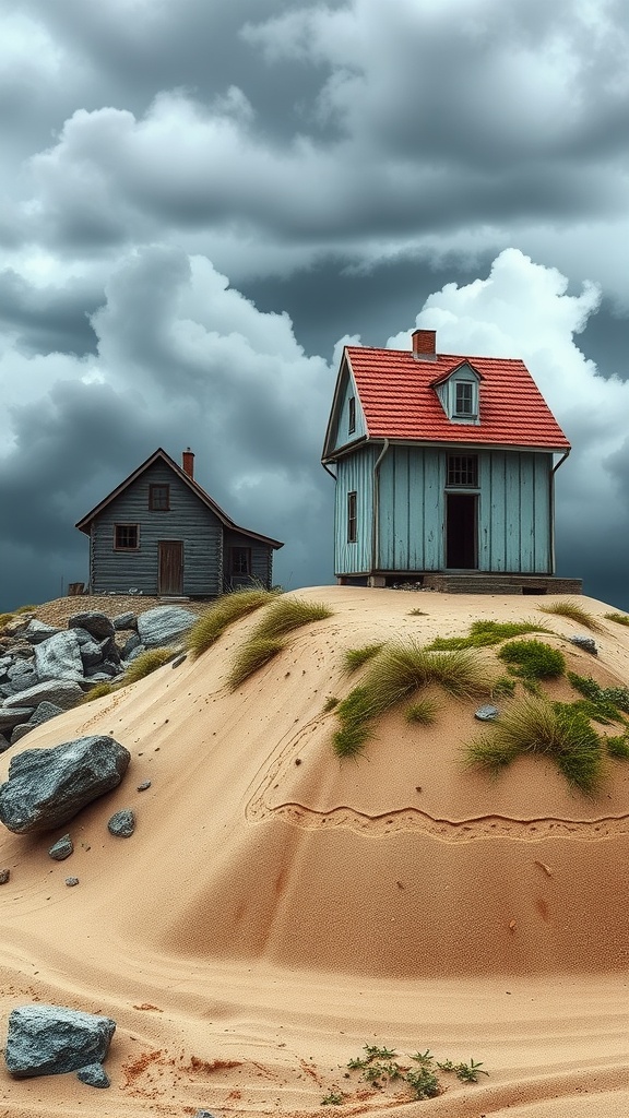 An image of two houses on a sandy hill, one sturdy and close to rocks and the other taller and more vulnerable., parable of Jesus