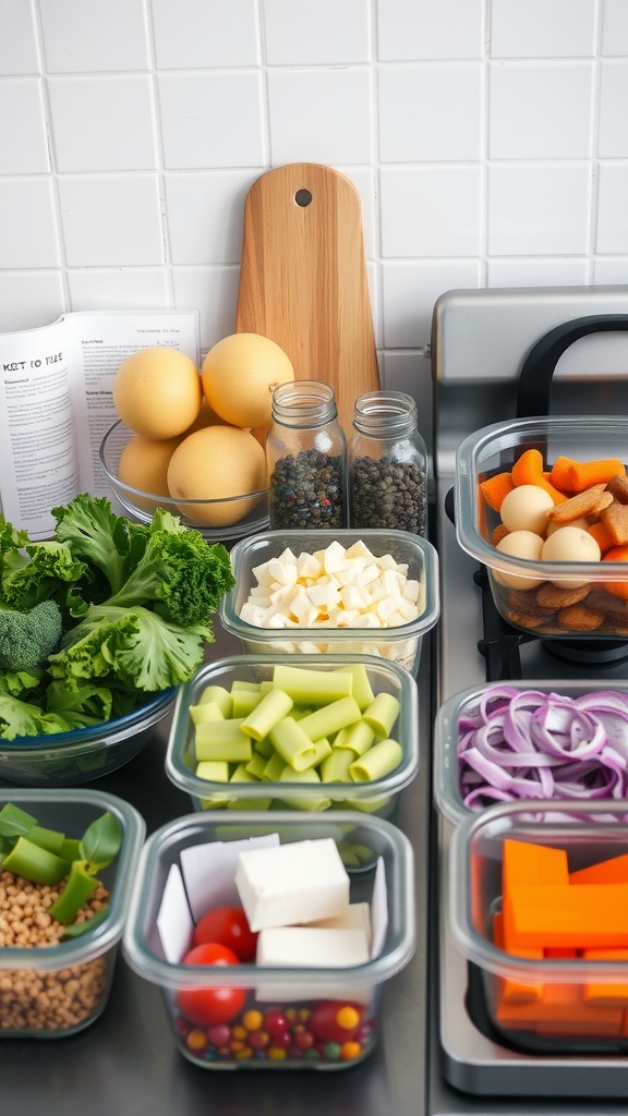 A well-organized kitchen counter with various fresh ingredients and containers for batch cooking.