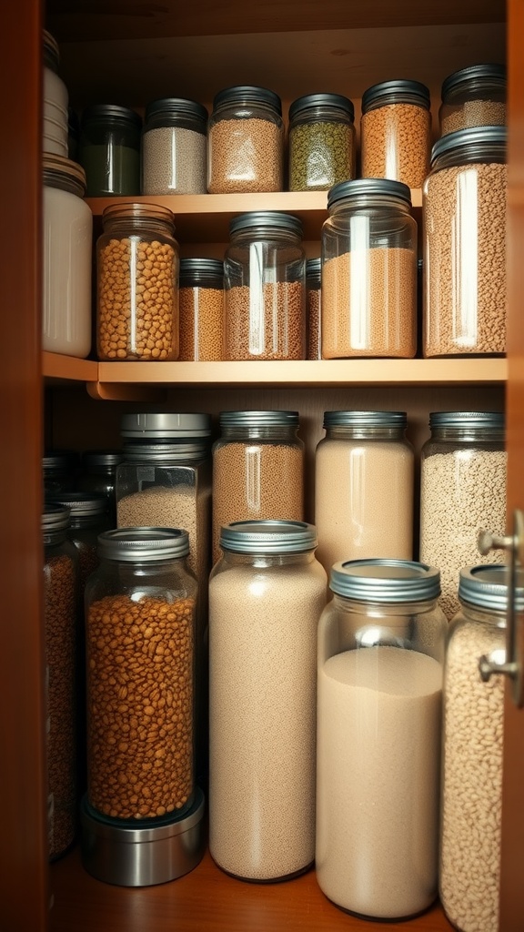 A well-organized pantry with jars of various grains and spices.