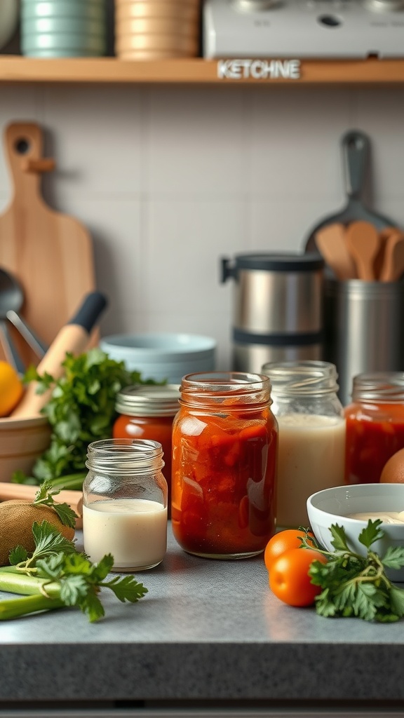 A kitchen counter with jars of homemade sauces and condiments surrounded by fresh ingredients.