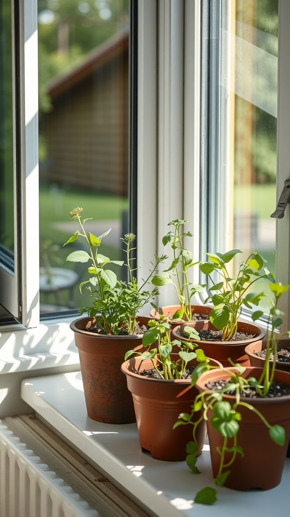 Potted herbs and vegetables on a windowsill