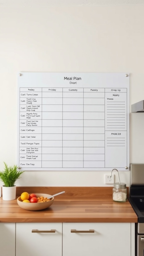 A meal planning chart displayed on a wall above a kitchen counter with a bowl of fruit.