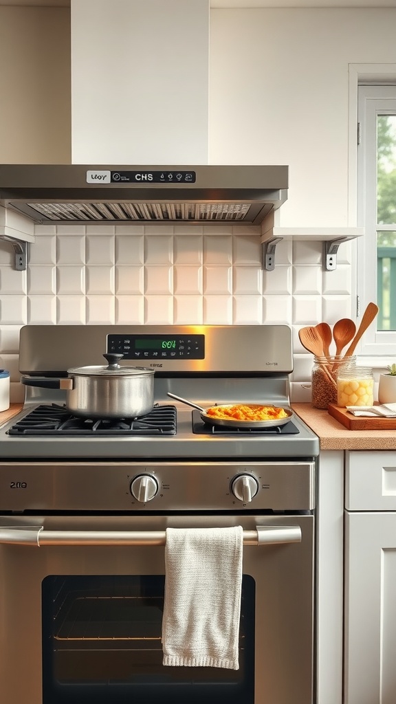 A modern kitchen with a stove, pot, and food on the counter.